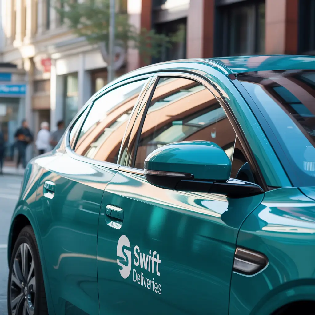 Electric delivery vehicle charging with green plants in the background