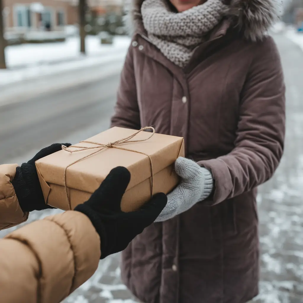 Person receiving a delivered package with a smile